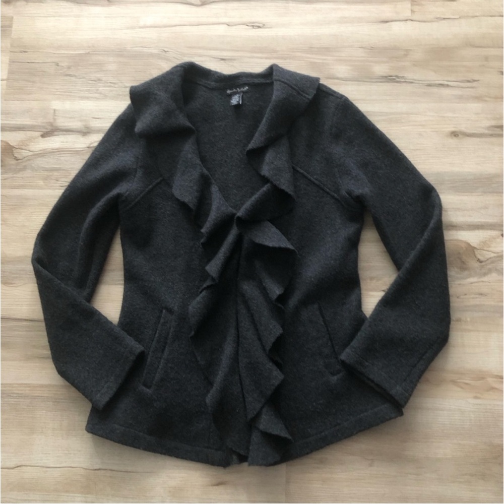 Alexandra Bartlett 100% Boiled Wool Charcoal Ruffled Cardigan
